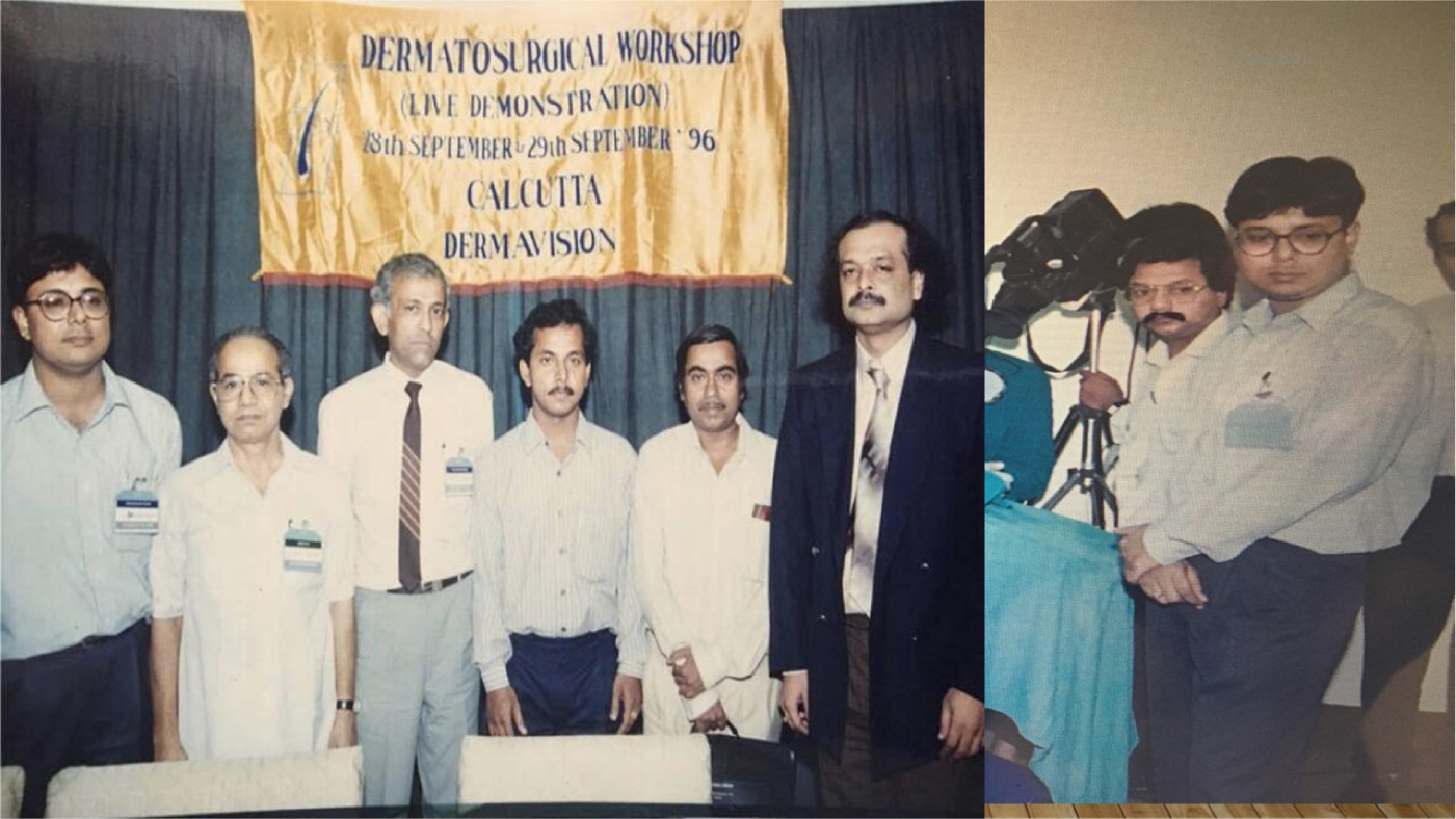 Left to right: Dr. Koushik Lahiri, Dr. B Haldar, Dr. S R Sengupta, Dr. Sandipan Dhar, Dr. Uttam Banerjee,Dr. Subrata Malakar. Dr. Koushik Lahiri coordinating from OT during Dermatosurgery workshop in Kolkata, 1996.
