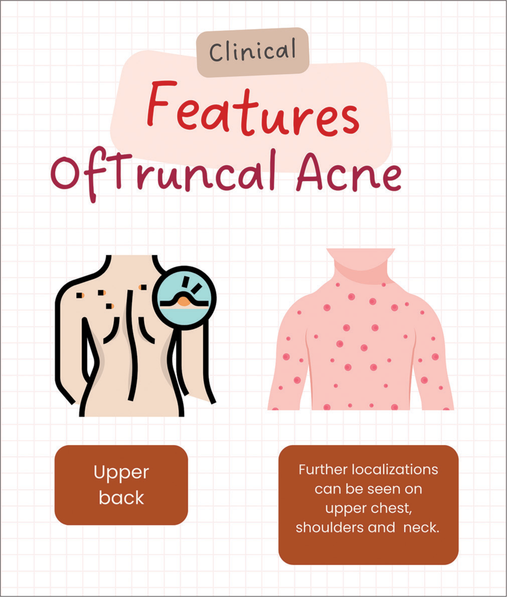 Clinical features of truncal acne. Adapted from Woo and Kim.[5]