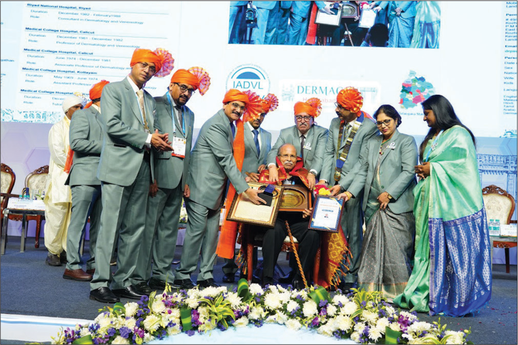 Prof. P. Sugathan getting Lifetime Achievement Award at DERMACON 2024, at Hyderabad.