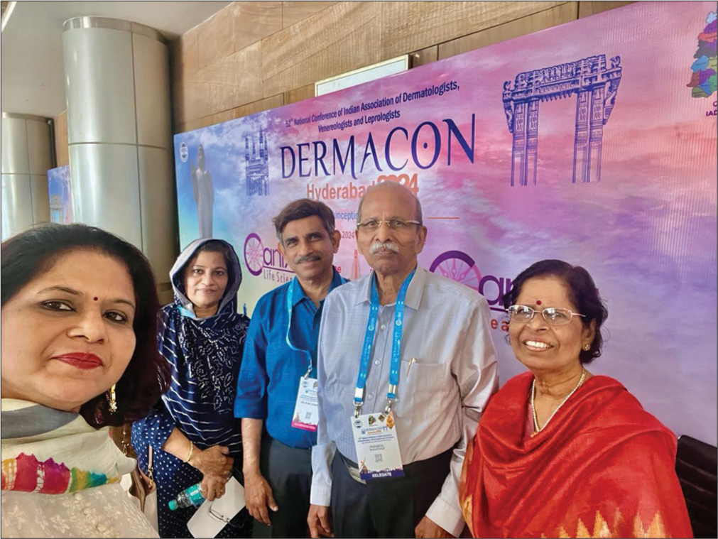 Prof. P. Sugathan with his wife (Savithri), daughter (Anitha), Prof. Najeeba Riaz and his husband at DERMACON 2024 at Hyderabad during Lifetime achievement award ceremony.