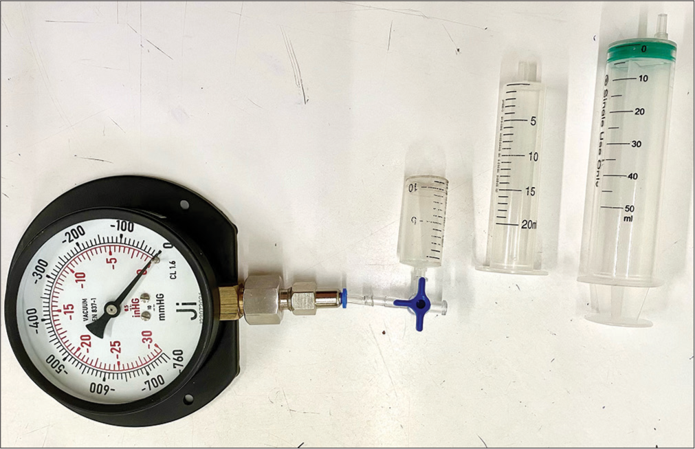 Standardized suction blister device consisting of a 20 mL disposable syringe, modification of the 20 mL syringe by cutting it into half the size connected to a 3-way tap with a latex rubber tube, a 50 mL syringe for air aspiration, and a manometer for measuring negative pressure.