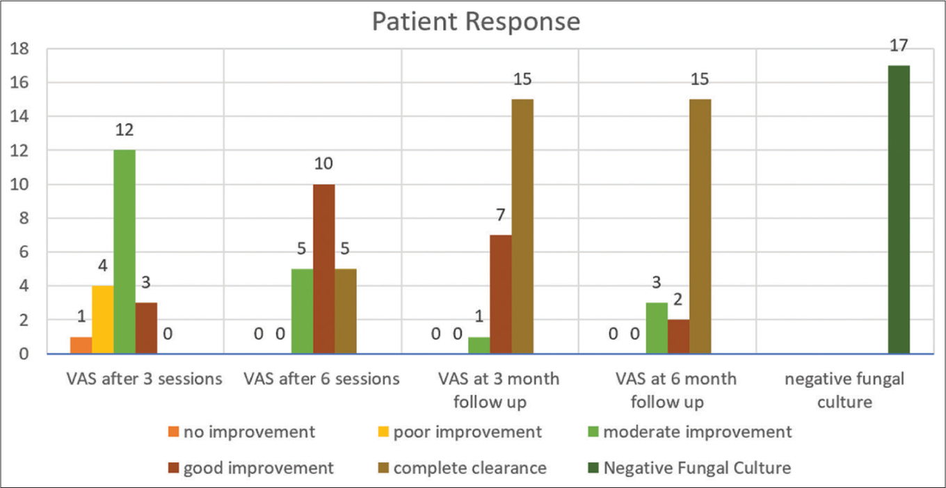 Bar chart showing response to laser treatment in the form of clinical clearance as improvement in visual analog score at 3 sessions, 6 sessions, 3 months follow-up and 6 months follow-up, and negative fungal cultures at 6 months follow-up. VAS: Visual analog score.