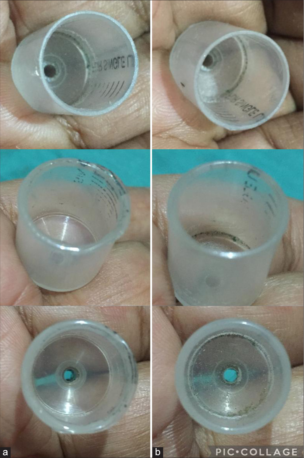 The small suction cup devices with (a) uneven surface on heating after removing flakes in the inclined or horizontal plane and (b) with even surface on heating on the vertical plane.